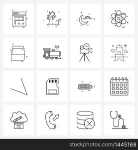 Simple Set of 16 Line Icons such as travel, train, nuclear, food items, kitchen Vector Illustration