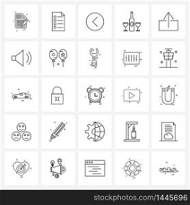 Simple Set of 25 Line Icons such as internet, drink, office, wine, bottle Vector Illustration