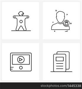 Simple Set of 4 Line Icons such as body tracking, film, skeleton custom control, profile, tablet Vector Illustration