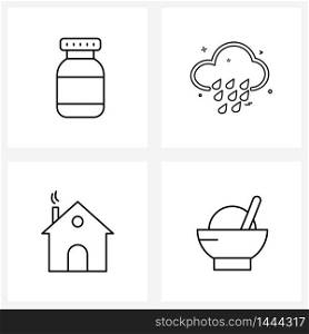 Simple Set of 4 Line Icons such as bottle, home, drug, weather , hut Vector Illustration