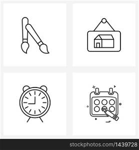Simple Set of 4 Line Icons such as brush, time, paint, home banner, hours Vector Illustration