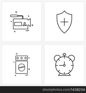 Simple Set of 4 Line Icons such as camera; machine; film making; shield; alarm Vector Illustration