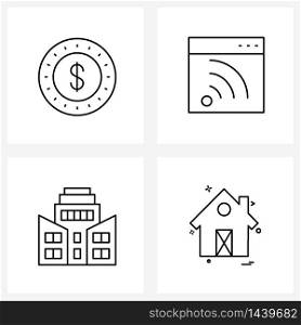 Simple Set of 4 Line Icons such as coin, home, web, architecture, family Vector Illustration