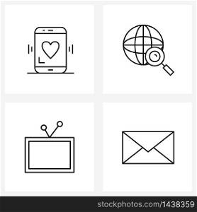 Simple Set of 4 Line Icons such as communications, video, phone, map, email Vector Illustration