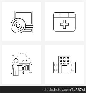 Simple Set of 4 Line Icons such as computer; pie; program; reward; building Vector Illustration