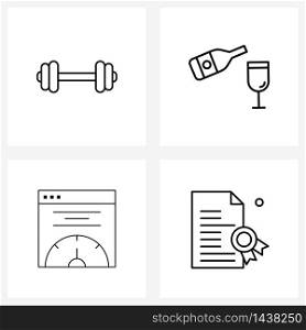 Simple Set of 4 Line Icons such as dumbbell; speed; workout; celebration; internet Vector Illustration