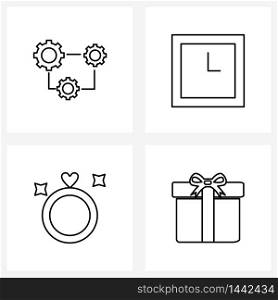 Simple Set of 4 Line Icons such as gear, marriage, time, ring, gift box Vector Illustration