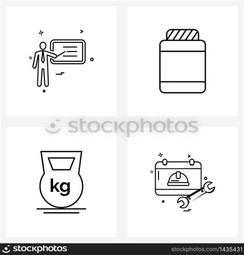 Simple Set of 4 Line Icons such as message, fitness, presentation, jar bottle, labour Vector Illustration