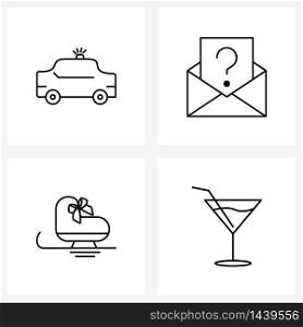 Simple Set of 4 Line Icons such as police car, celebrations, email, message, drink Vector Illustration