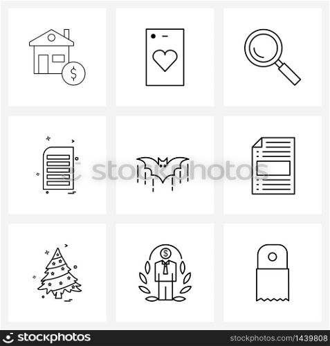 Simple Set of 9 Line Icons such as bat, text, find, files, web Vector Illustration