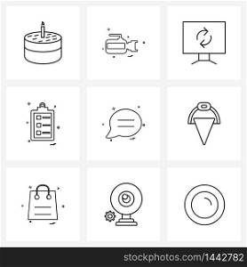 Simple Set of 9 Line Icons such as conversation, form, photography, clipboard, reload Vector Illustration