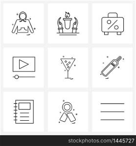 Simple Set of 9 Line Icons such as drink, YouTube, bag, video, media Vector Illustration