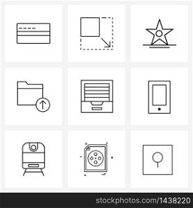 Simple Set of 9 Line Icons such as folder, upload, walk of fame, up, arrow Vector Illustration