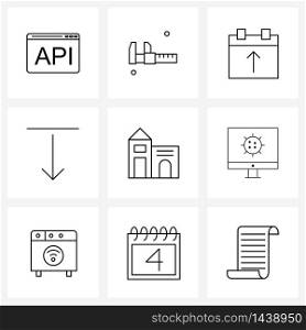 Simple Set of 9 Line Icons such as house, building, date, download, arrow Vector Illustration
