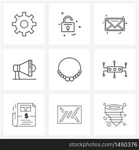 Simple Set of 9 Line Icons such as necklace, speaker, chat, megaphone, advertisement Vector Illustration