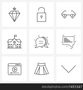 Simple Set of 9 Line Icons such as sms, conversation, heart, messages, education Vector Illustration