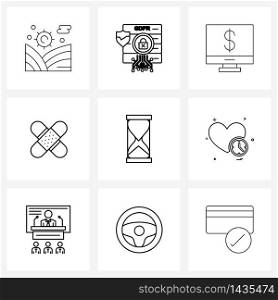 Simple Set of 9 Line Icons such as timer, sand, online, hourglass, band aid Vector Illustration