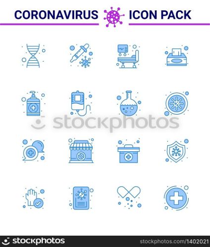 Simple Set of Covid-19 Protection Blue 25 icon pack icon included care, soap, icu, hand, tissue viral coronavirus 2019-nov disease Vector Design Elements