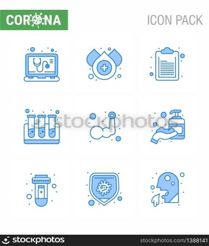 Simple Set of Covid-19 Protection Blue 25 icon pack icon included corona, muscle, document, hand, test tubes viral coronavirus 2019-nov disease Vector Design Elements
