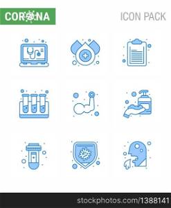 Simple Set of Covid-19 Protection Blue 25 icon pack icon included corona, muscle, document, hand, test tubes viral coronavirus 2019-nov disease Vector Design Elements