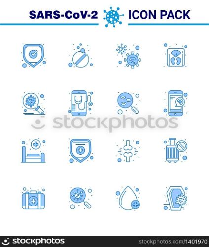 Simple Set of Covid-19 Protection Blue 25 icon pack icon included corona, machine, virus, weight, management viral coronavirus 2019-nov disease Vector Design Elements