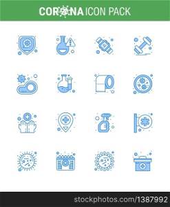 Simple Set of Covid-19 Protection Blue 25 icon pack icon included food, sports, hands hygiene, weight, dumbbell viral coronavirus 2019-nov disease Vector Design Elements