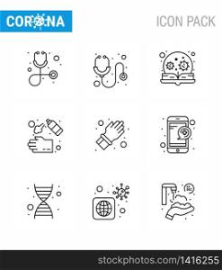 Simple Set of Covid-19 Protection Blue 25 icon pack icon included glove, soap, learning, hand, hand spray viral coronavirus 2019-nov disease Vector Design Elements
