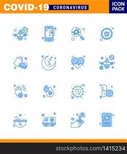Simple Set of Covid-19 Protection Blue 25 icon pack icon included hands, healthy, service, food, magnifying viral coronavirus 2019-nov disease Vector Design Elements