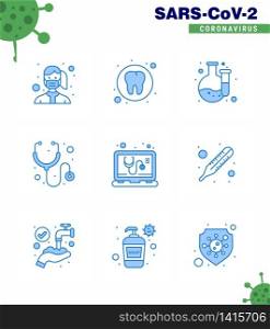 Simple Set of Covid-19 Protection Blue 25 icon pack icon included online, check, tooth, stethoscope, healthcare viral coronavirus 2019-nov disease Vector Design Elements