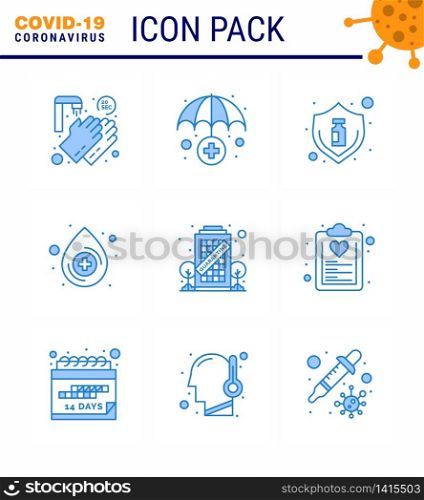 Simple Set of Covid-19 Protection Blue 25 icon pack icon included quarantine, building, protection, medical, blood viral coronavirus 2019-nov disease Vector Design Elements