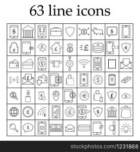 Simple set of payment related vector line icons. 63 linear icons related to business.