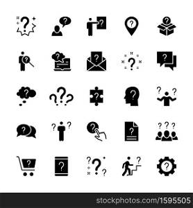 Simple silhouette set of question related vector icons. Contains icons such as problem, task, puzzle, doubt, question mark and more. Collection symbols of questions for the web and mobile.