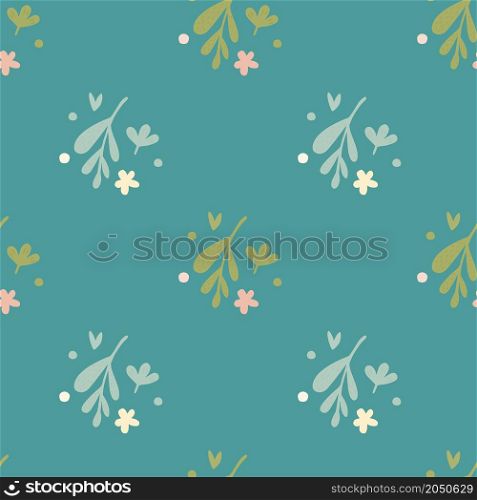 Simple small flowers and leaf seamless pattern on green background. Floral endless ornament. Botanical backdrop. Doodle style print. Design for fabric , textile print, surface, wrapping, cover.. Simple small flowers and leaf seamless pattern on green background