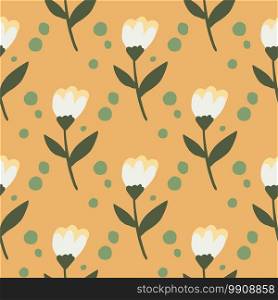 Simple spring seamless pattern with flower folk ornament. White botanic elements on orange background with green dots. Perfect for wallpaper, textile, wrapping paper, fabric print. Vector illustration. Simple spring seamless pattern with flower folk ornament. White botanic elements on orange background with green dots.