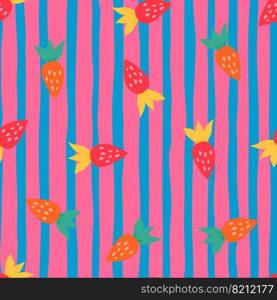 Simple strawberry seamless pattern. Hand drawn strawberries wallpaper. Fruits backdrop. Design for fabric, textile print, wrapping paper, kitchen textiles, cover. Vector illustration. Simple strawberry seamless pattern. Hand drawn strawberries wallpaper. Fruits backdrop.