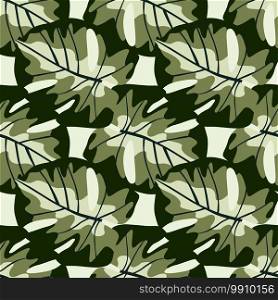 Simple stylized hawaii seamless monstera pattern. Pastel green leaves ornament on background with black and white strips. For fabric design, textile print, wrapping, cover. Vector illustration. Simple stylized hawaii seamless monstera pattern. Pastel green leaves ornament on background with black and white strips.