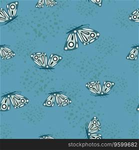 Simple stylized moth seamless pattern. Butterflies wallpaper. Flying insect print. Design for fabric, textile print, wrapping paper, cover, poster. Vector illustration. Simple stylized moth seamless pattern. Butterflies wallpaper. Flying insect print.