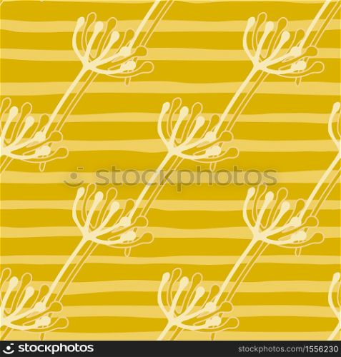Simple summer seamless pattern with dandelion silhouettes white contour. Bright yellow background with strips. Designed for wallpaper, textile, wrapping paper, fabric print. Vector illustration.. Simple summer seamless pattern with dandelion silhouettes white contour. Bright yellow background with strips.