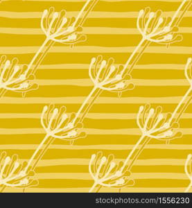 Simple summer seamless pattern with dandelion silhouettes white contour. Bright yellow background with strips. Designed for wallpaper, textile, wrapping paper, fabric print. Vector illustration.. Simple summer seamless pattern with dandelion silhouettes white contour. Bright yellow background with strips.