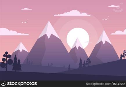 Simple Sunrise Sunset Mountain Forest Wild Nature Landscape Monochrome Illustration