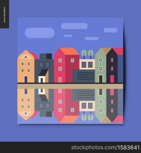 Simple things - a row of town houses standing along the canal bank with clouds in the blue sky above, and reflection of them in the canal water, summer postcard, vector illustration. Simple things - houses on the river