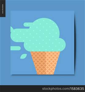 Simple things - a waffle cone with a scoop of mint ice cream on the blue background, summer postcard, vector illustration. Simple things - ice cream