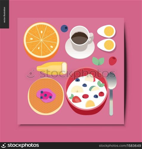 Simple things - breakfast composition - set of breakfast meal - orange, coffee, banana, eggs, pancake, cereal - postcard, vector illustration. Simple things - breakfast composition