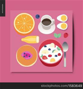 Simple things - breakfast composition - set of breakfast meal - orange, coffee, banana, eggs, pancake, cereal - postcard, vector illustration. Simple things - breakfast composition