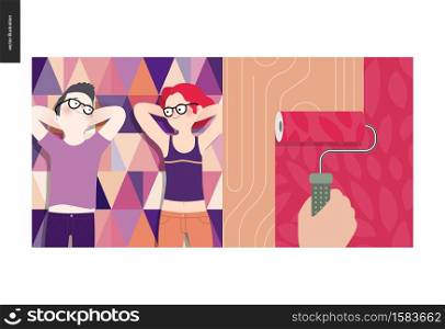 Simple things - color - flat cartoon vector illustration of hand holding paint roller painting with red paint, leaf design, young couple, picnic, triangle patterned purple plaid - colour composition. Simple things - color