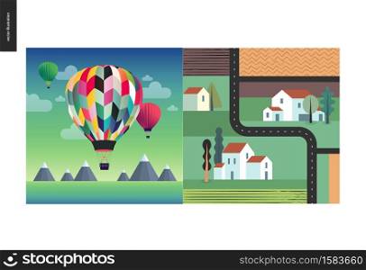 Simple things - color - flat cartoon vector illustration of hot air balloons above mountains, top view of out-of-town street, country houses, trees, fields, asphalt back road- colour composition. Simple things - color