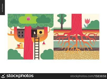 Simple things - color - flat cartoon vector illustration of houses, tree house, tree roots growing into the soil, blooming flower and nature - colour composition. Simple things - color