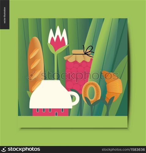 Simple things - concept illustration of a tiny cup house and tee meal on the stems growing among huge grass trunks - jar of jam, bread loaf, croissant and bread ring - a summer postcard, vector illustration. Simple things - tee houses