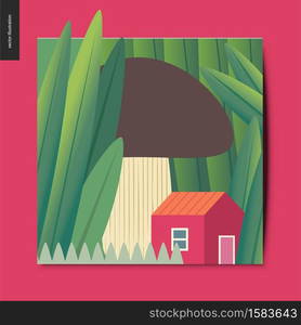 Simple things - concept illustration of a tiny red house under the mushroom growing among huge grass trunks, summer postcard, vector illustration. Simple things -mushroom house