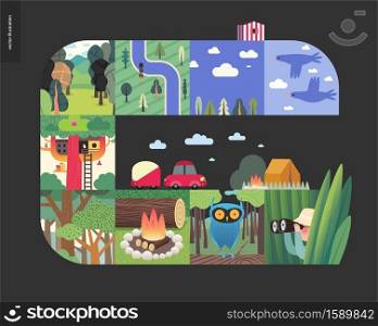 Simple things - forest set on a black background - flat cartoon vector illustration of birds, sky, clouds, top view camp with river, trees, forest, treehouse, woods, wood fire, owl, hunter -composition. Simple things - forest set composition on a black background